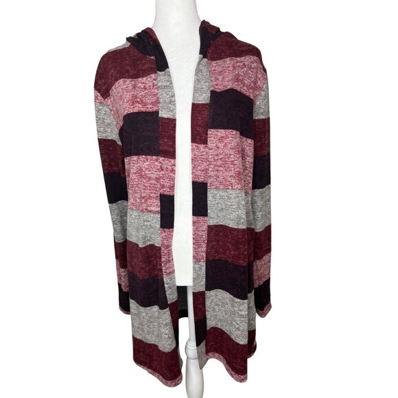 True Self Striped Hooded Knit Cardigan Sweater In Red &amp; Gray XL - Picture 1 of 12